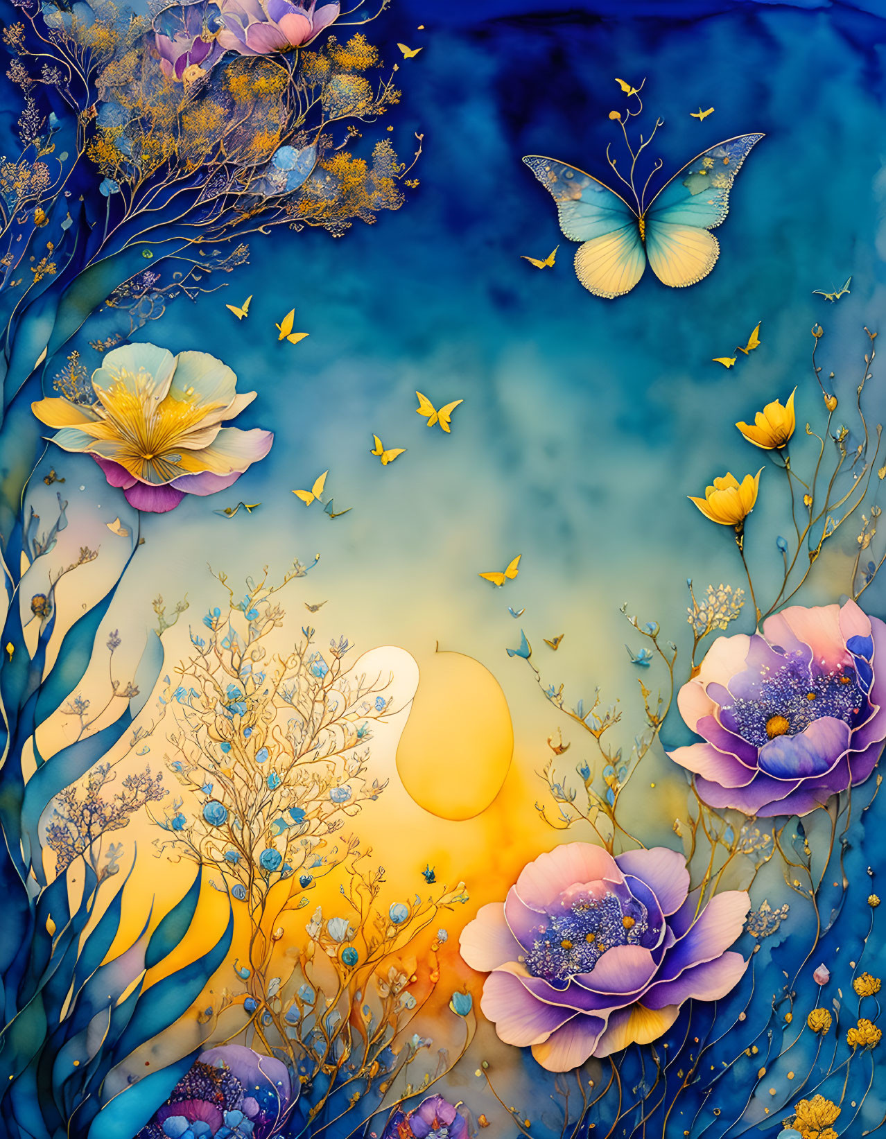 Colorful artwork with gradient blue to yellow background and stylized flora, butterfly, birds, and sun