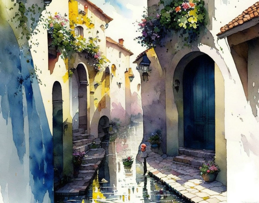 Vibrant Watercolor Painting of Picturesque Canal with Arched Doorways