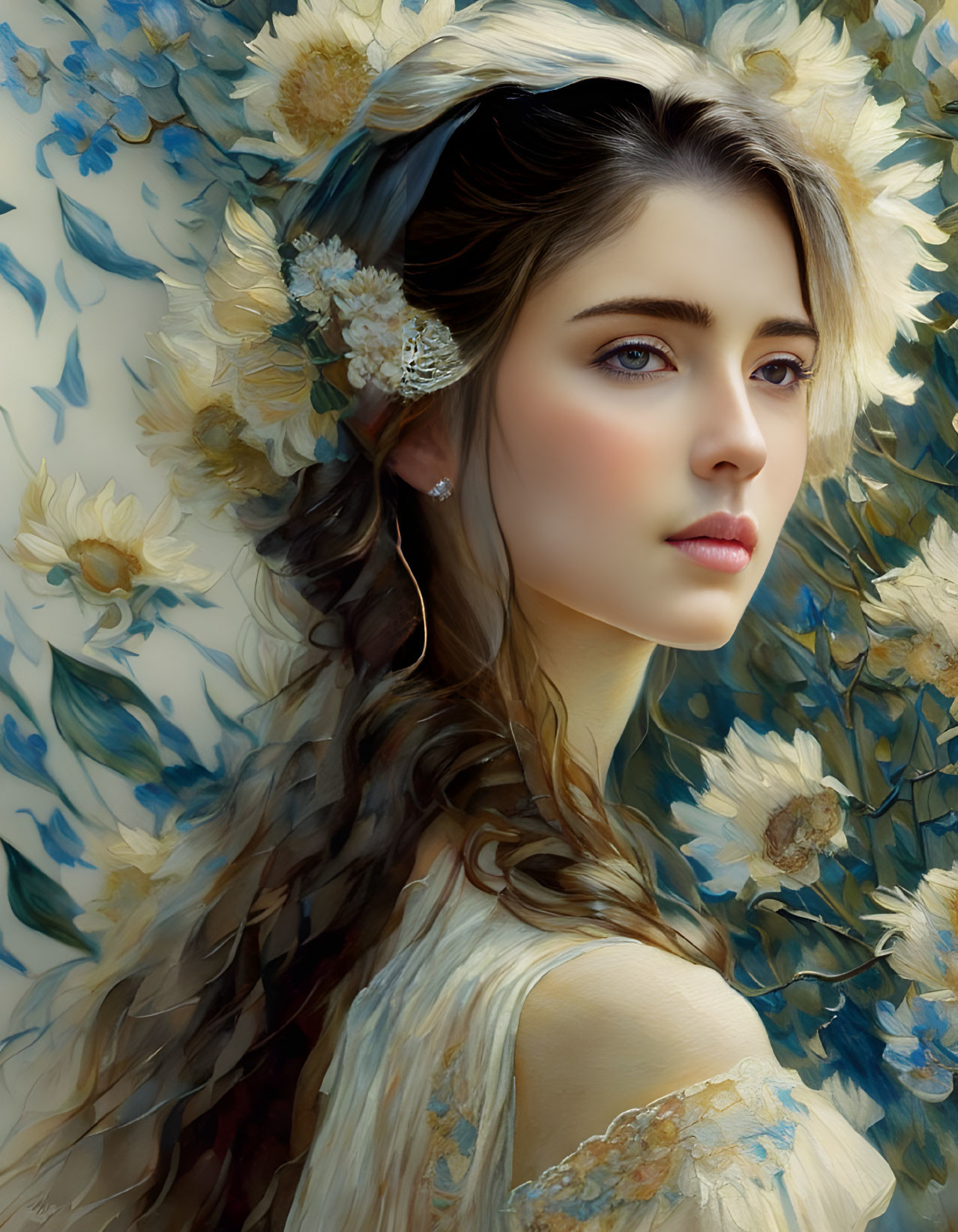 Detailed portrait of a woman with floral hair and background