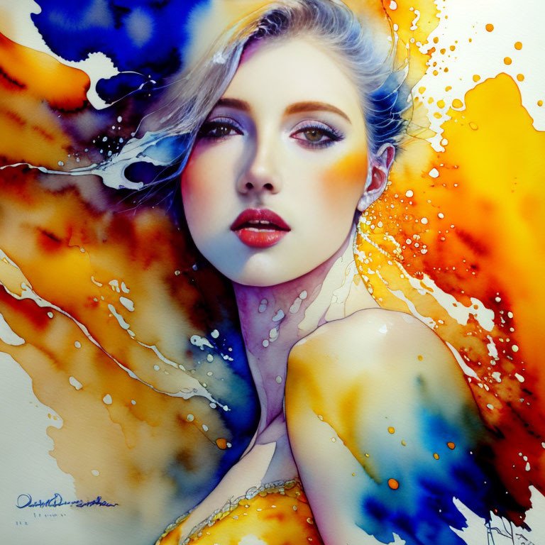 Colorful Watercolor Portrait of Woman in Blue, Orange, and Yellow