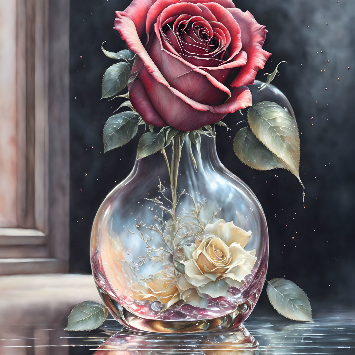 Red and white roses in transparent vase on reflective surface