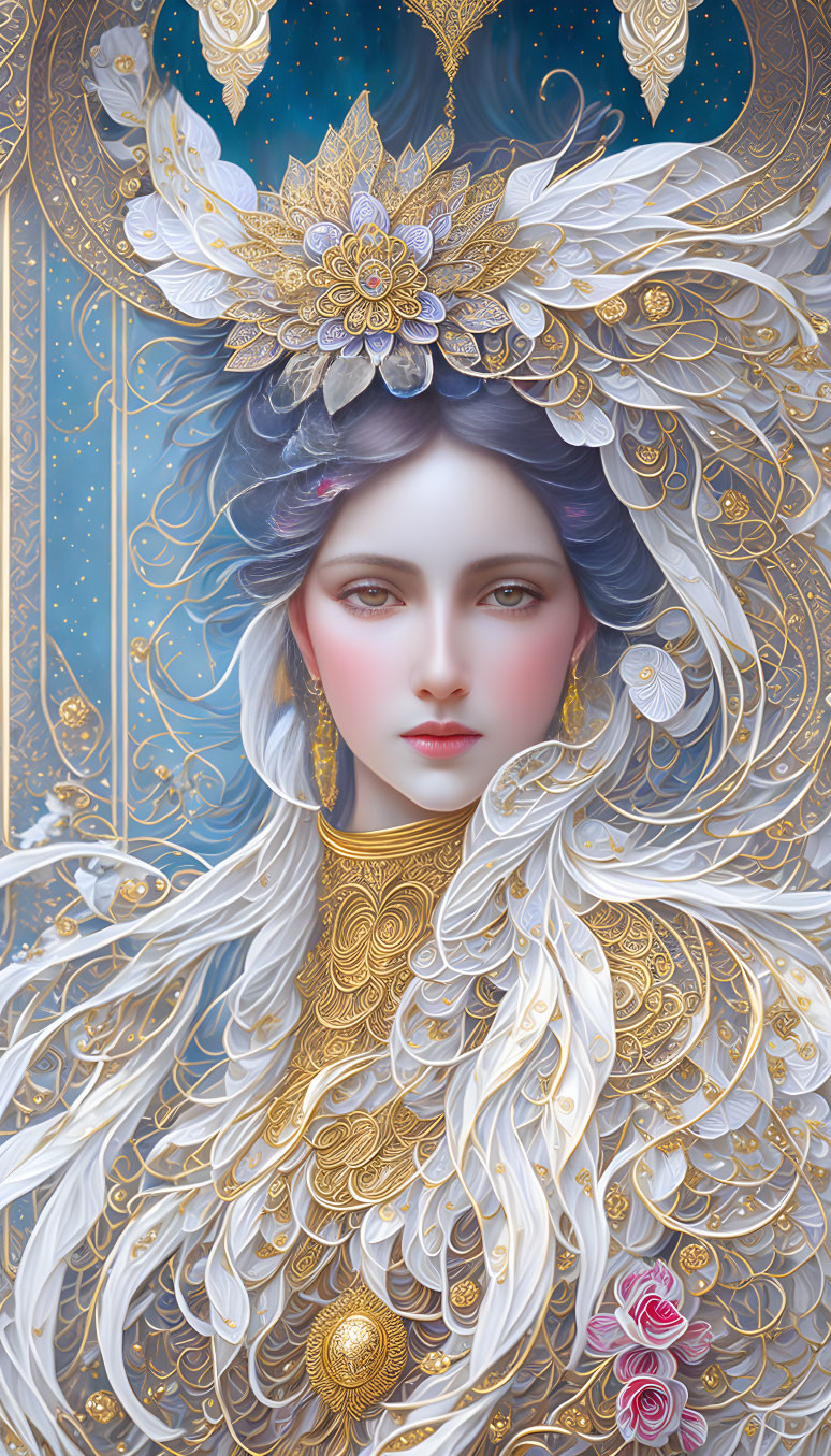 Ethereal woman with golden and white headdress and roses