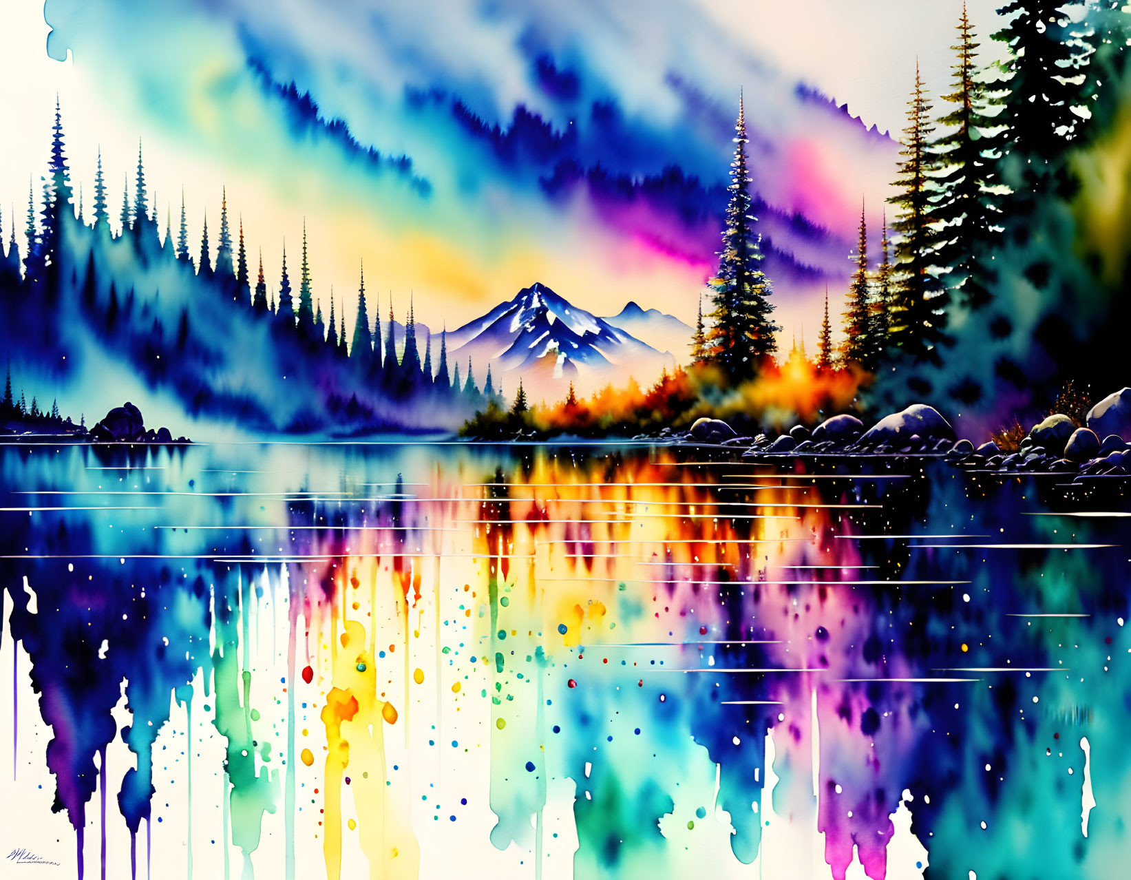 Colorful Watercolor Painting: Mountain Range, Forest, Lake