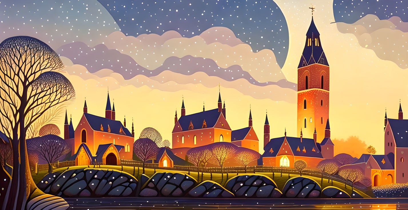 European-style village illustration: river, stone bridge, houses, church spire, starry sky