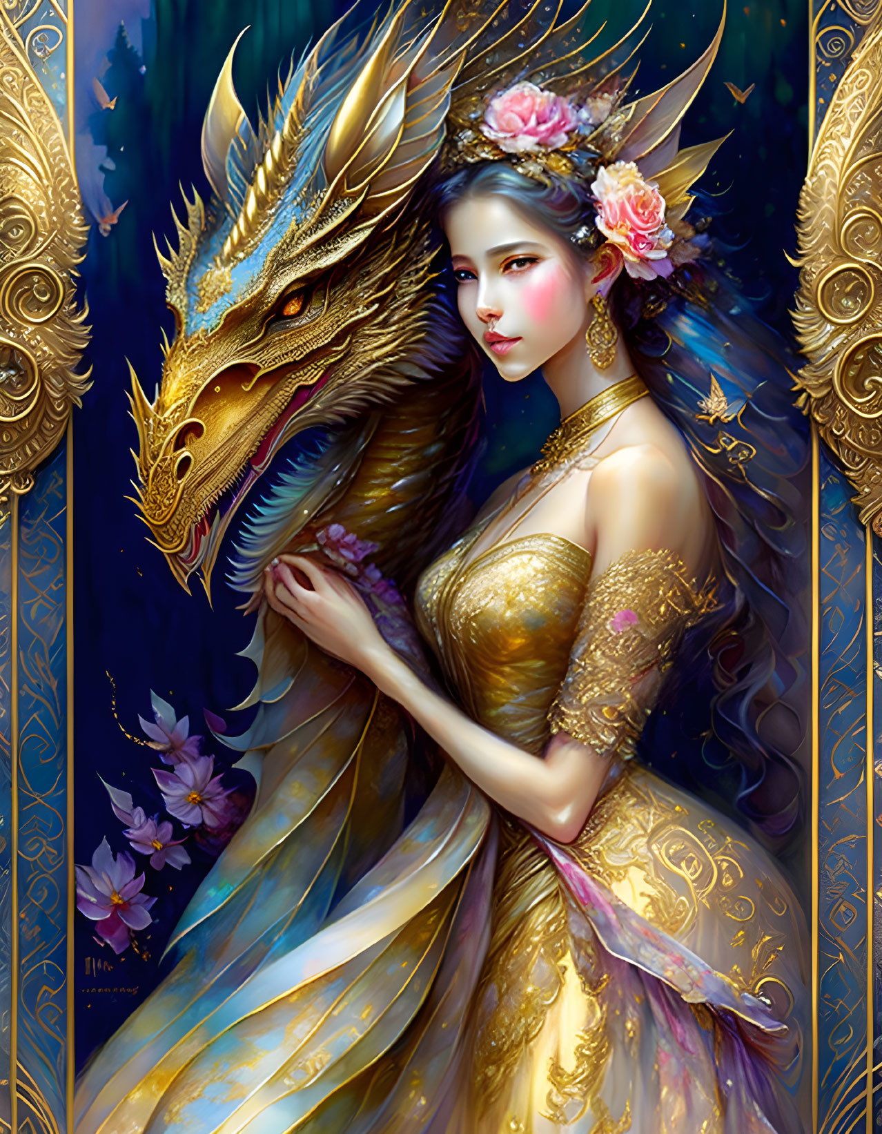 Elaborate Golden Gown Woman with Golden Dragon and Blossoms