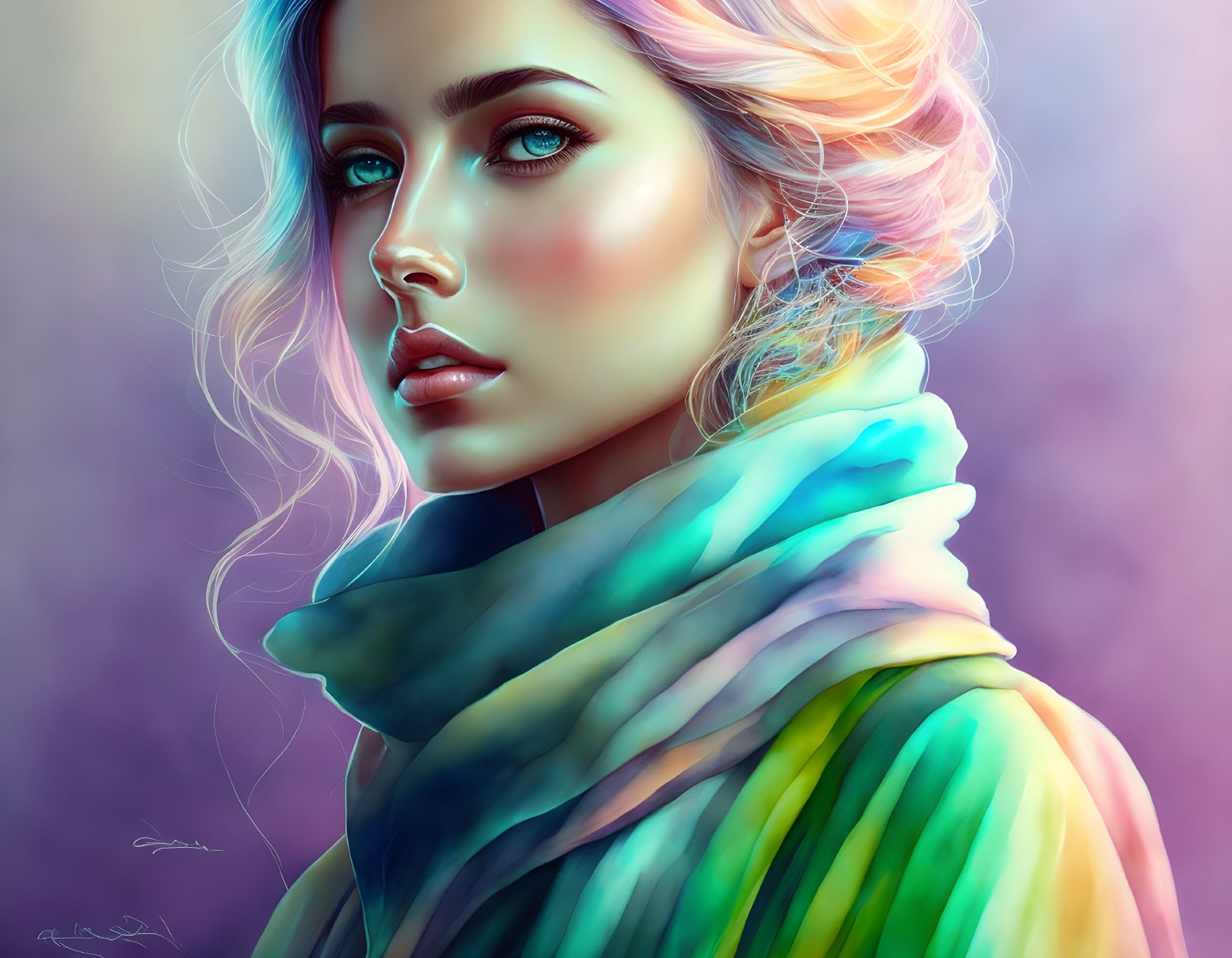 Digital Artwork: Woman with Blue Eyes, Pink Blush, and Multicolored Hair