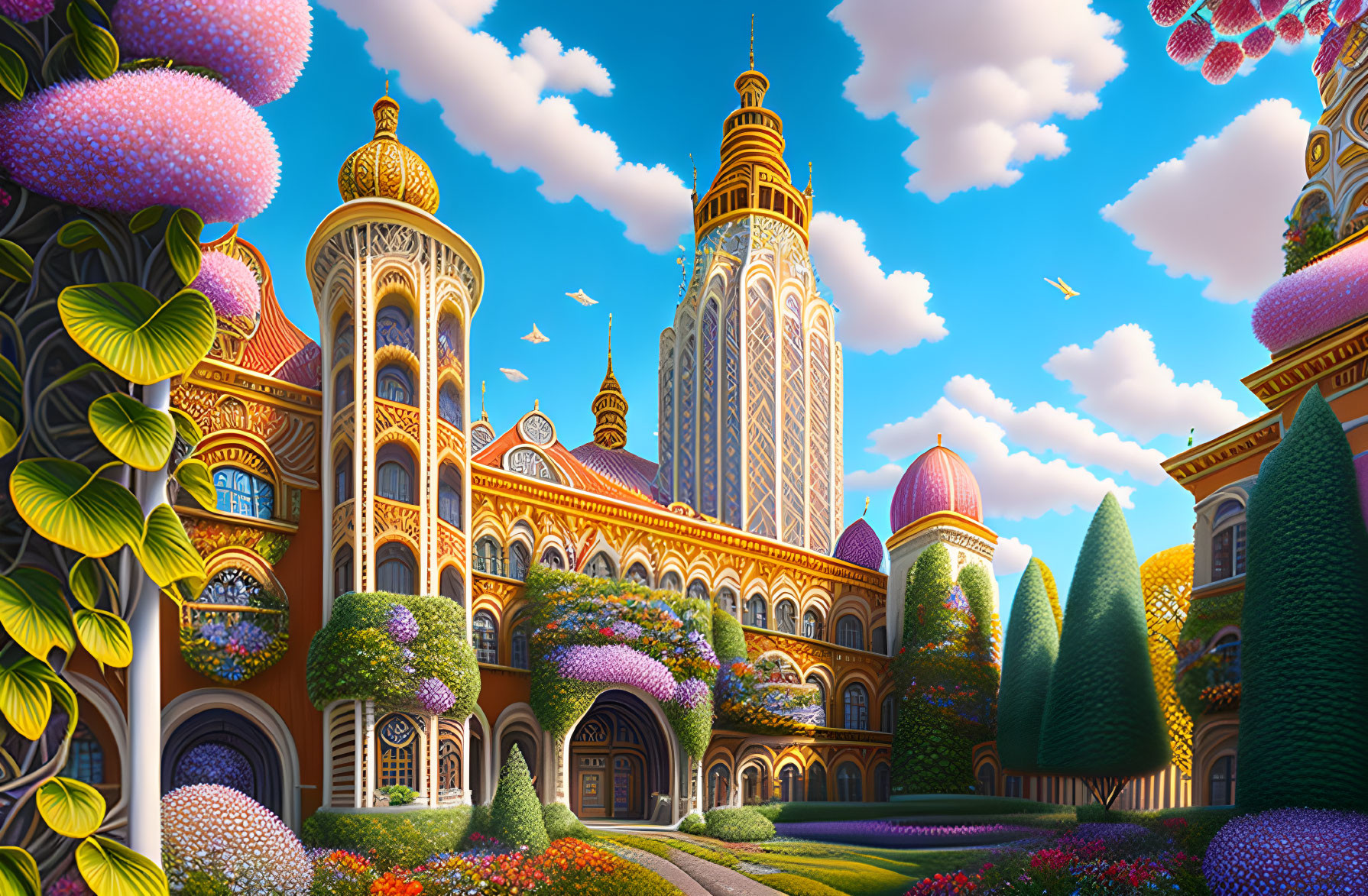 Whimsical palace illustration with golden spires and vibrant gardens