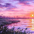 Vibrant purple sunset over tranquil lake with flowers and distant castles