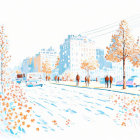 Snow-covered park with orange and white trees in front of city skyline in winter scene