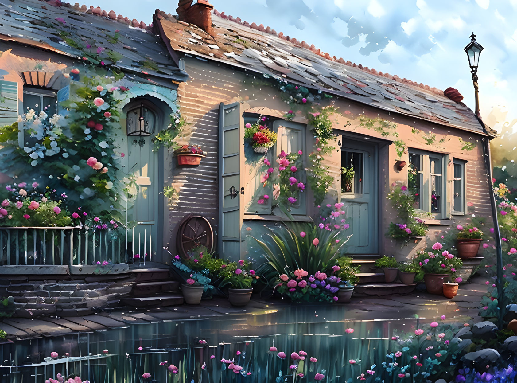 Charming cottage with blooming garden and cobblestone path at sunset