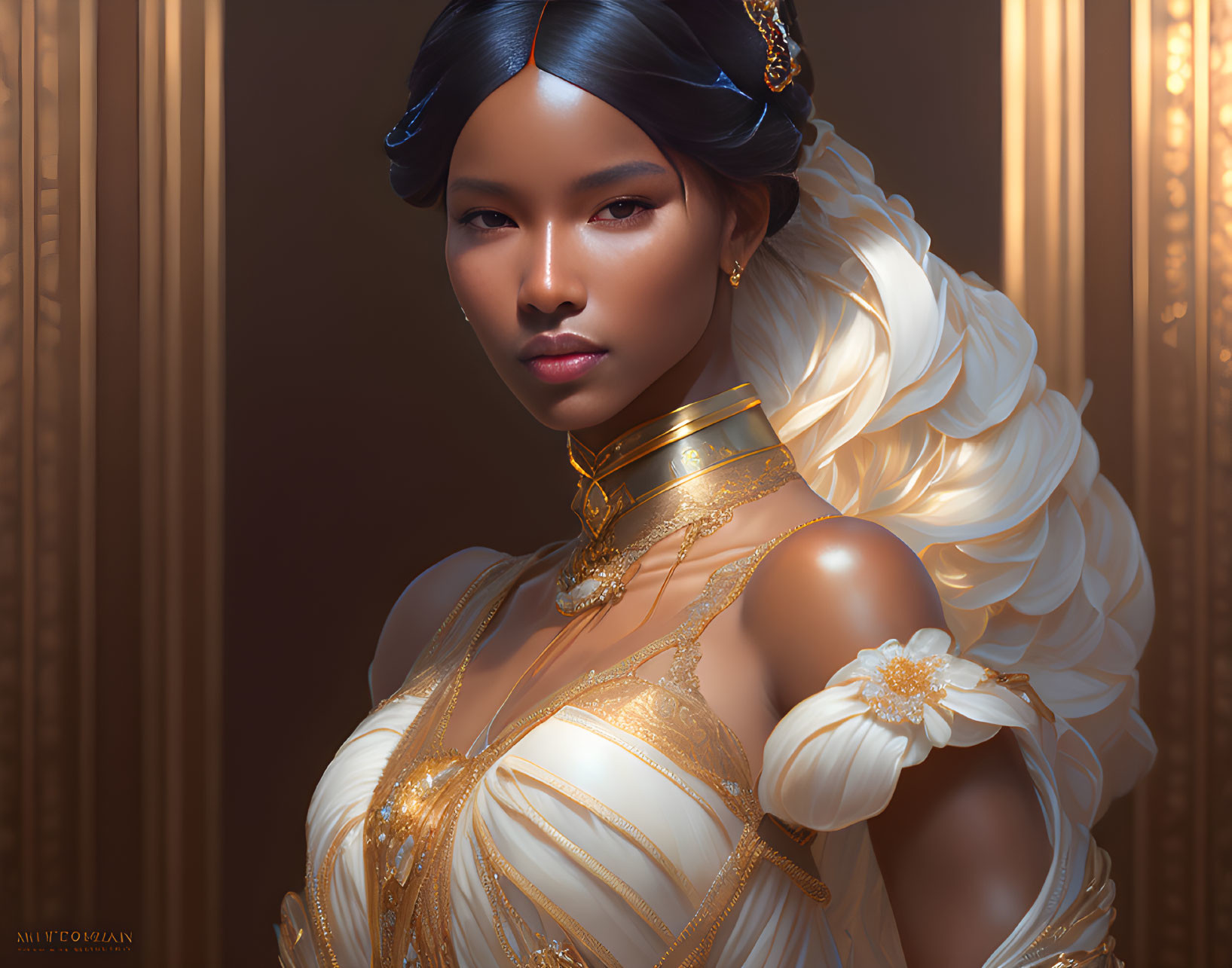 Digital Artwork: Woman in White and Gold Dress on Golden Background