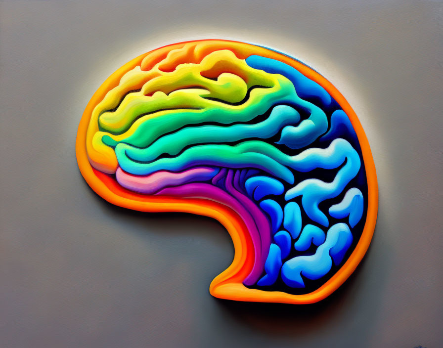 Colorful stylized brain painting with 3D effect on grey backdrop