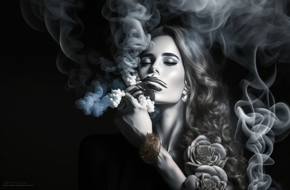 Monochromatic image of woman with flowing hair and flower in swirling smoke