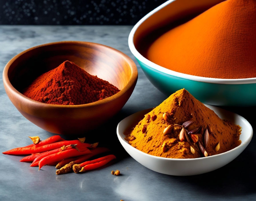 Assorted spices in bowls with vibrant red chili peppers on dark surface