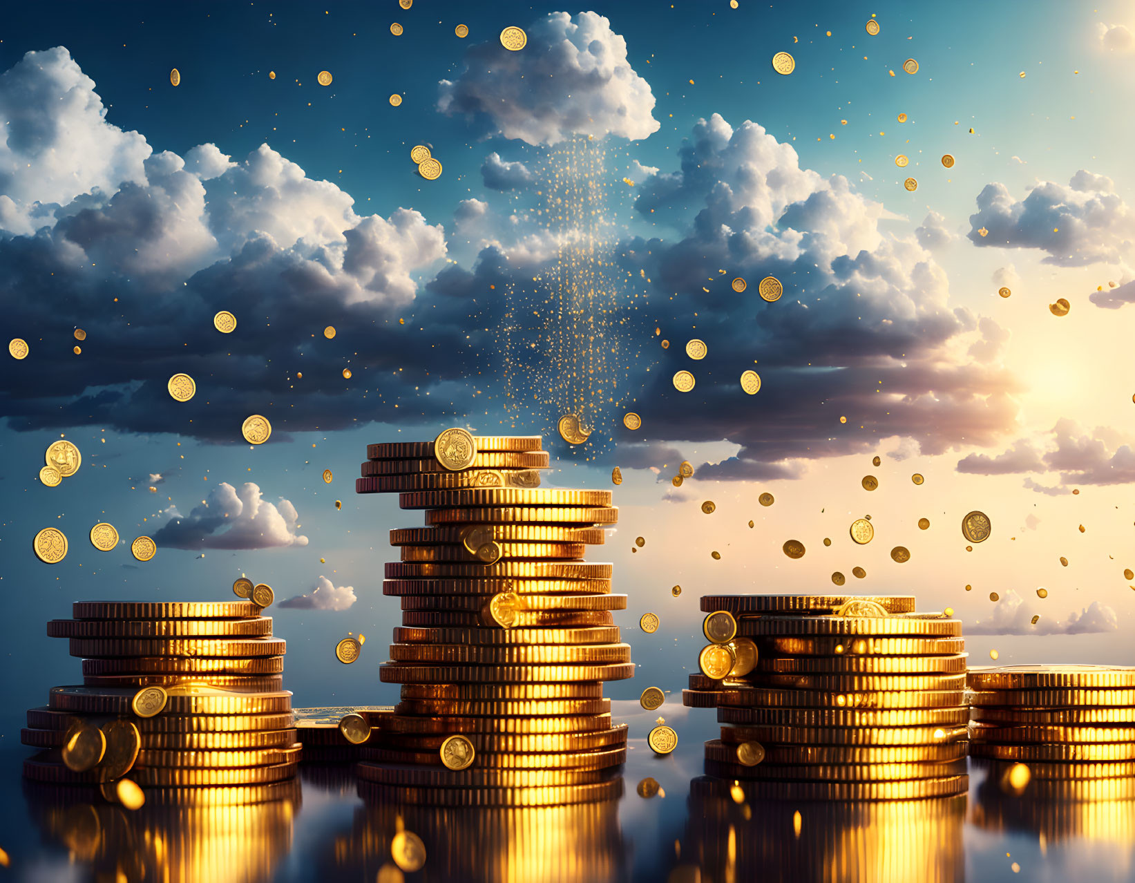 Stacked Golden Coins with Floating Light on Cloudy Sky Background