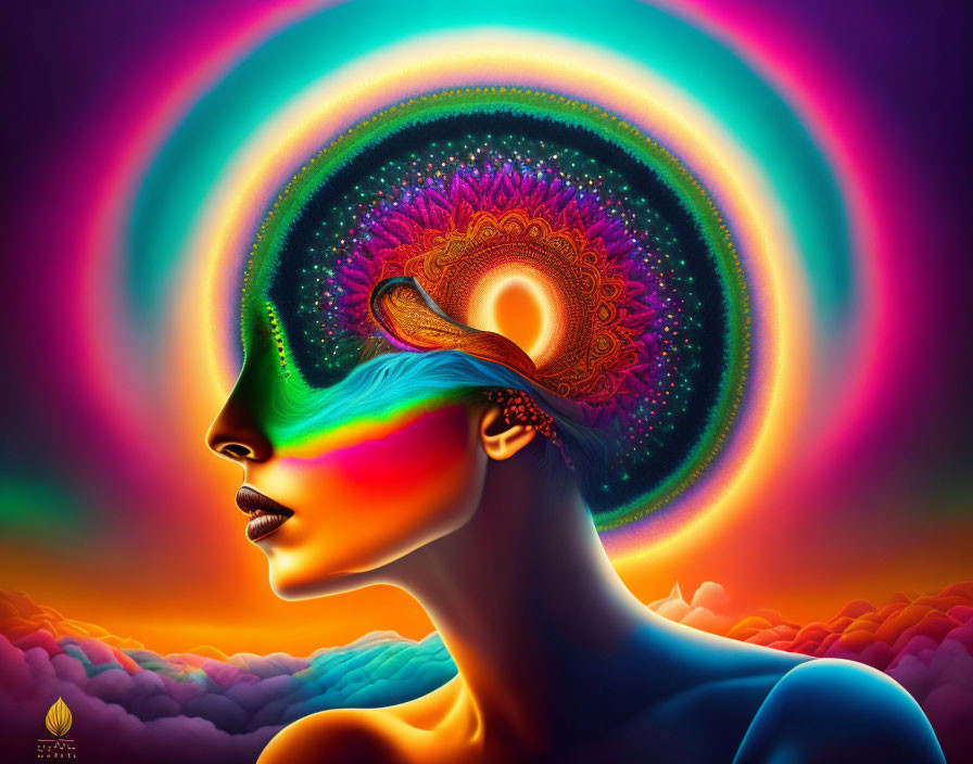 Colorful Digital Artwork: Woman's Profile with Psychedelic Patterns