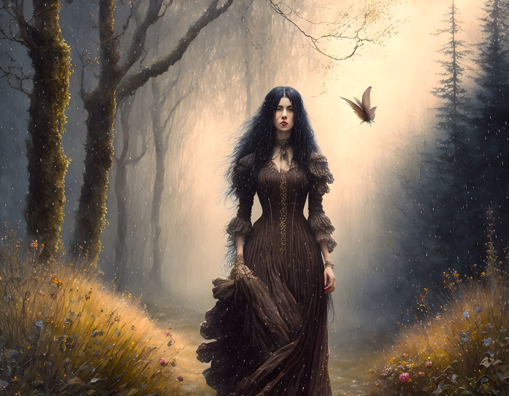 Woman in flowing brown dress in misty forest with black hair and bird.