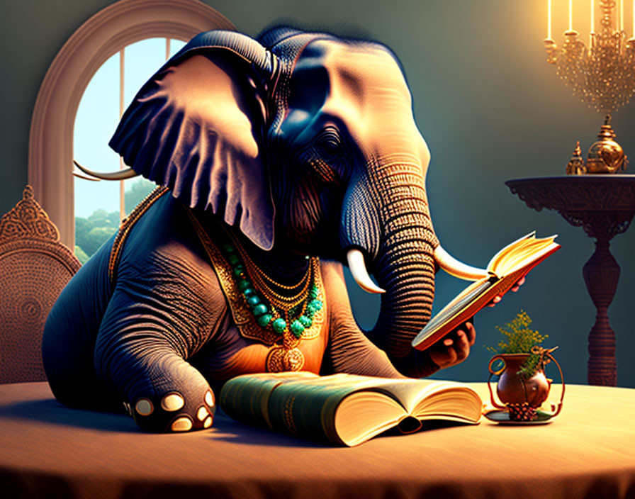 Elephant adorned with jewelry reading indoors by candlelight