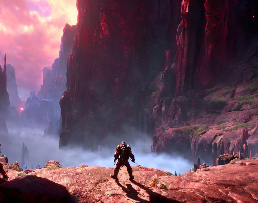 Armored figure walking in rocky landscape under purple sky