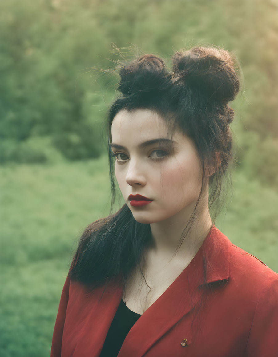 Dark-haired woman in top bun, red lipstick, and jacket outdoors