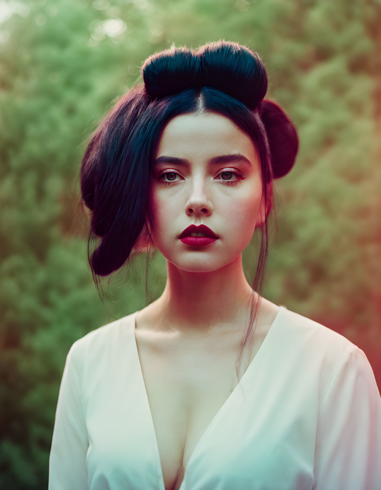 Dark-haired woman in double buns, white top, serious expression, green foliage background