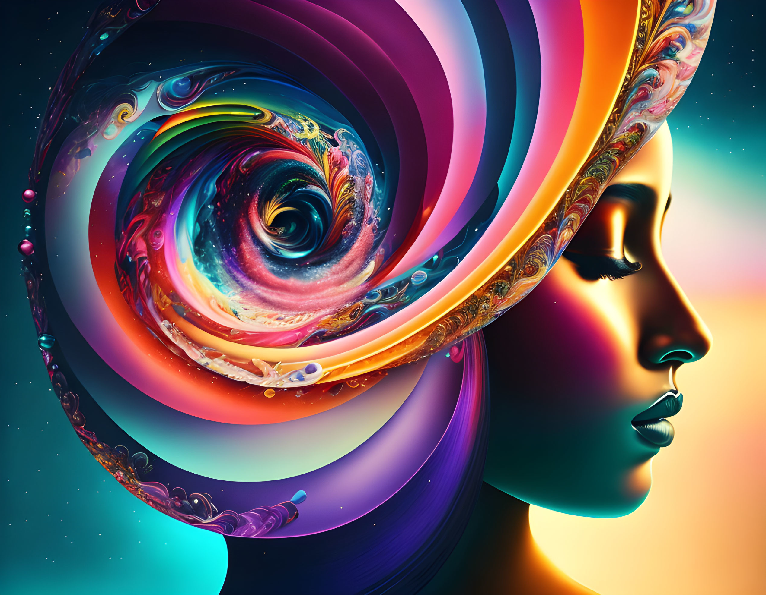 Colorful digital artwork: Woman's profile with flowing galaxy hair on neon background