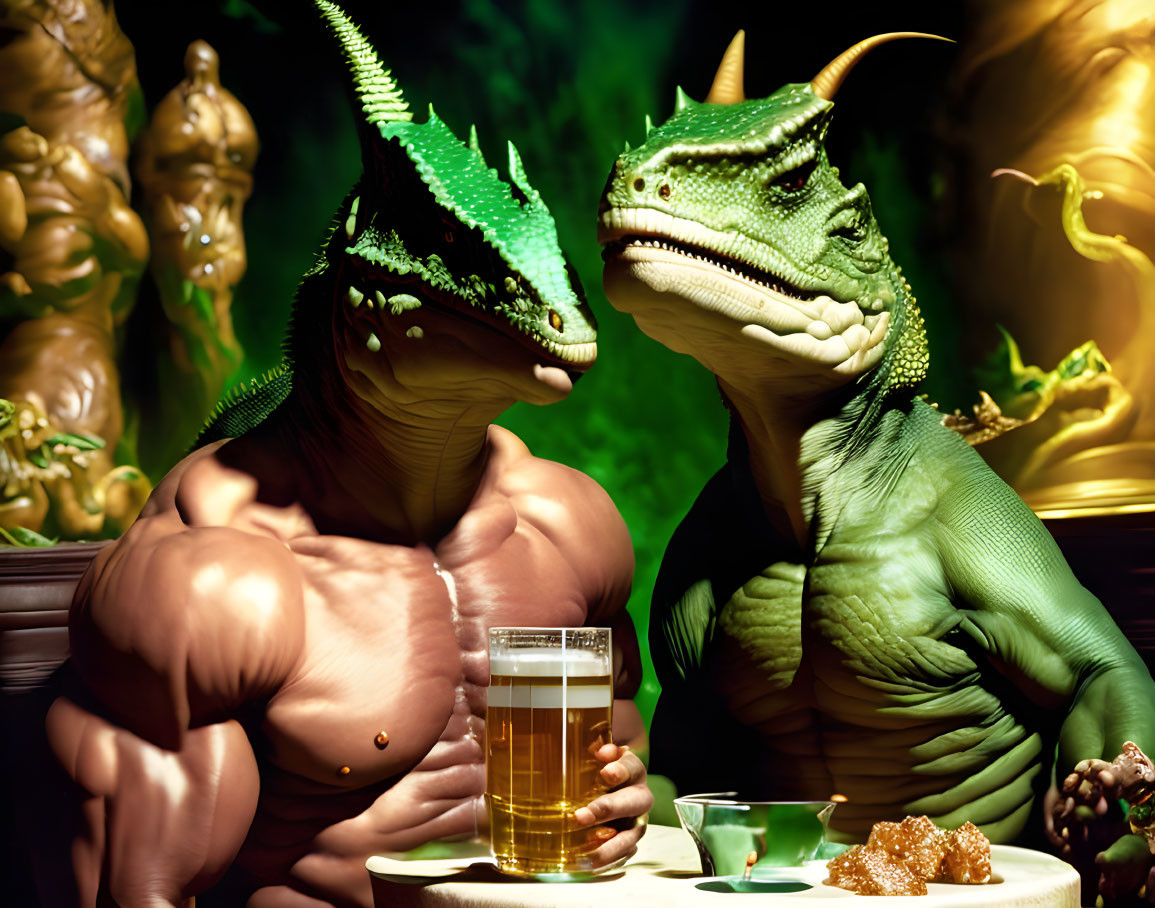 Muscular anthropomorphic dragons with beer and teacup in luxurious setting