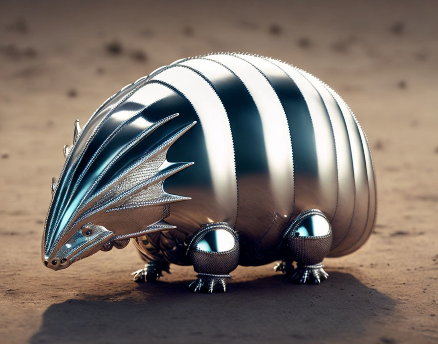 Metallic Armadillo with Reflective Bands and Robotic Features on Gritty Surface