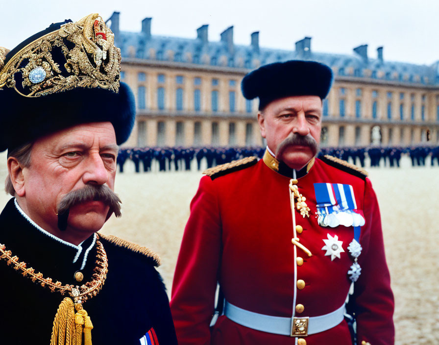 Men in ceremonial military uniforms with medals in front of uniformed group and large building.