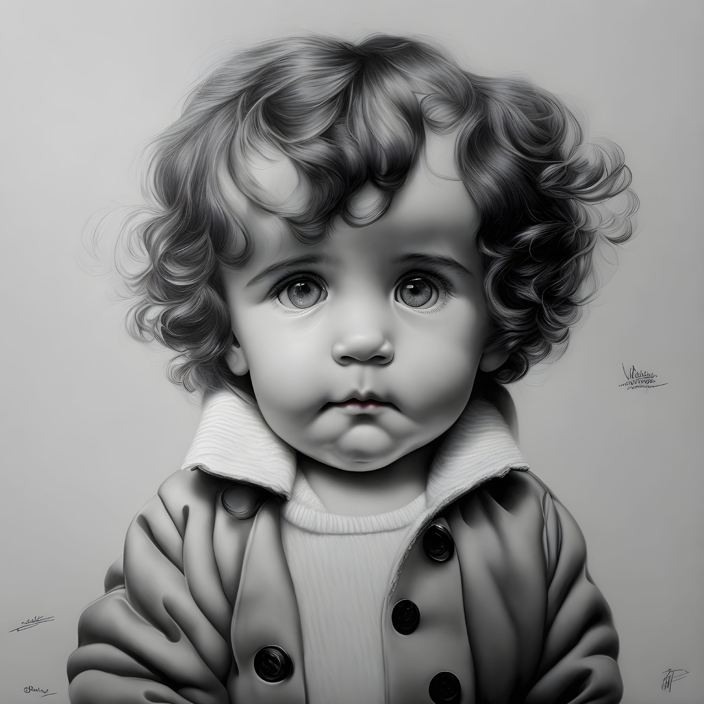 Monochromatic digital artwork of a toddler with curly hair and detailed expression