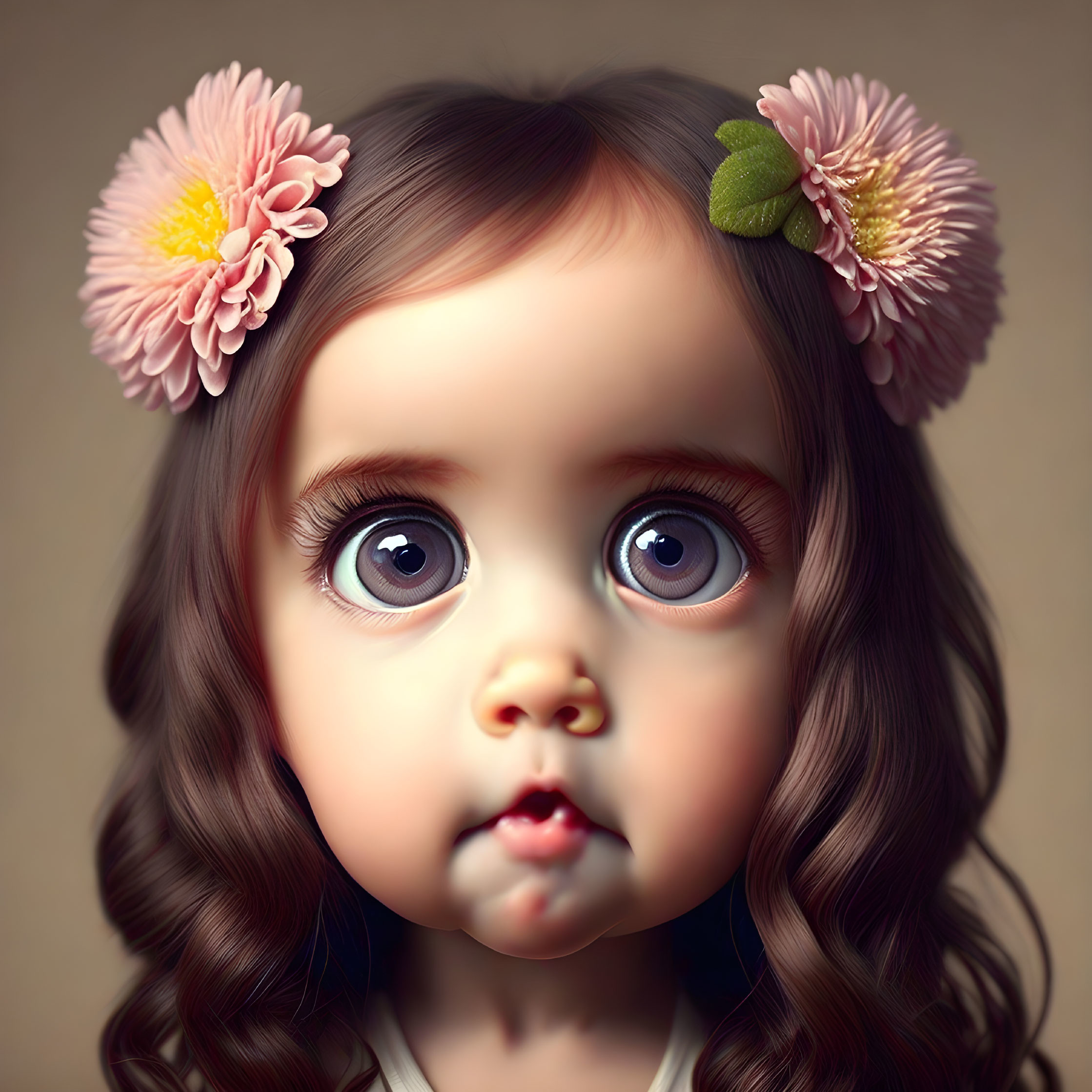 Cartoon girl illustration with huge eyes, wavy brown hair, and pink flowers.