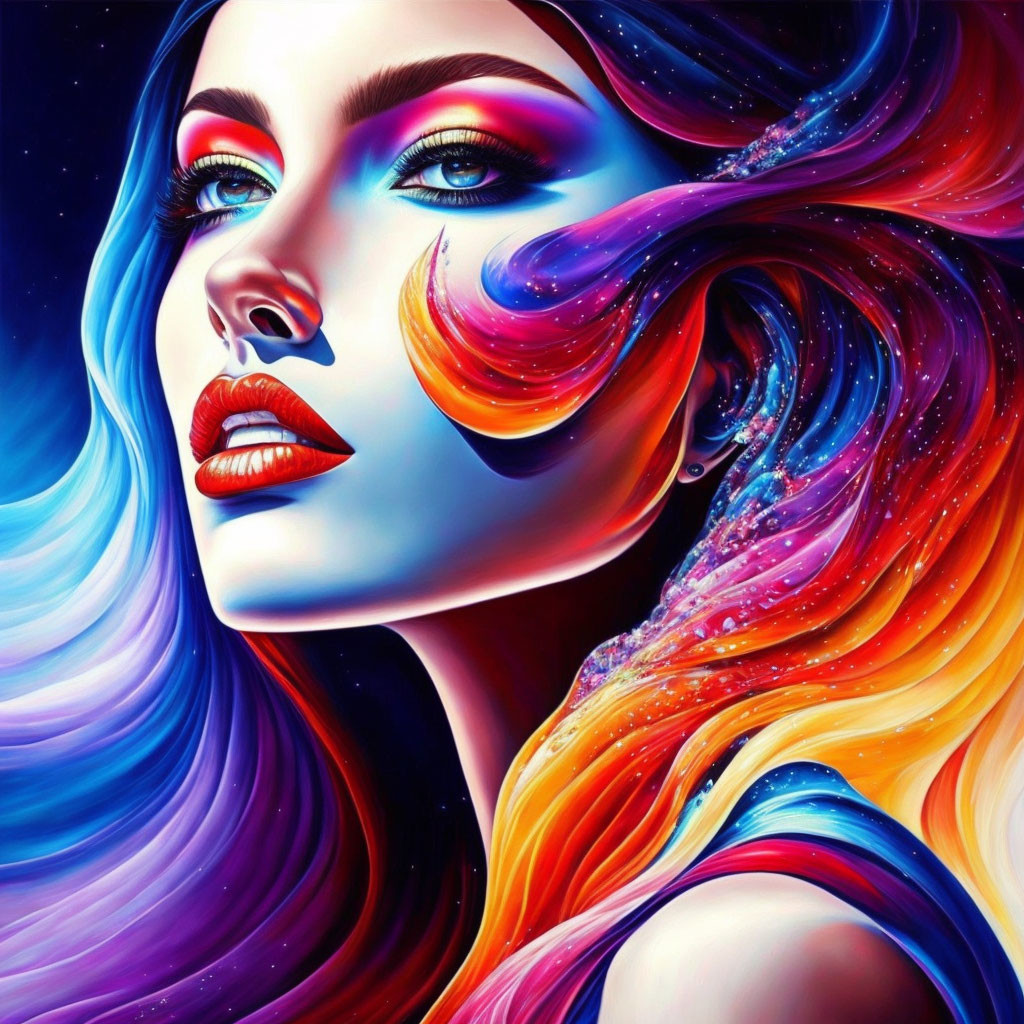 Colorful digital artwork: Woman with multicolored hair in cosmic background