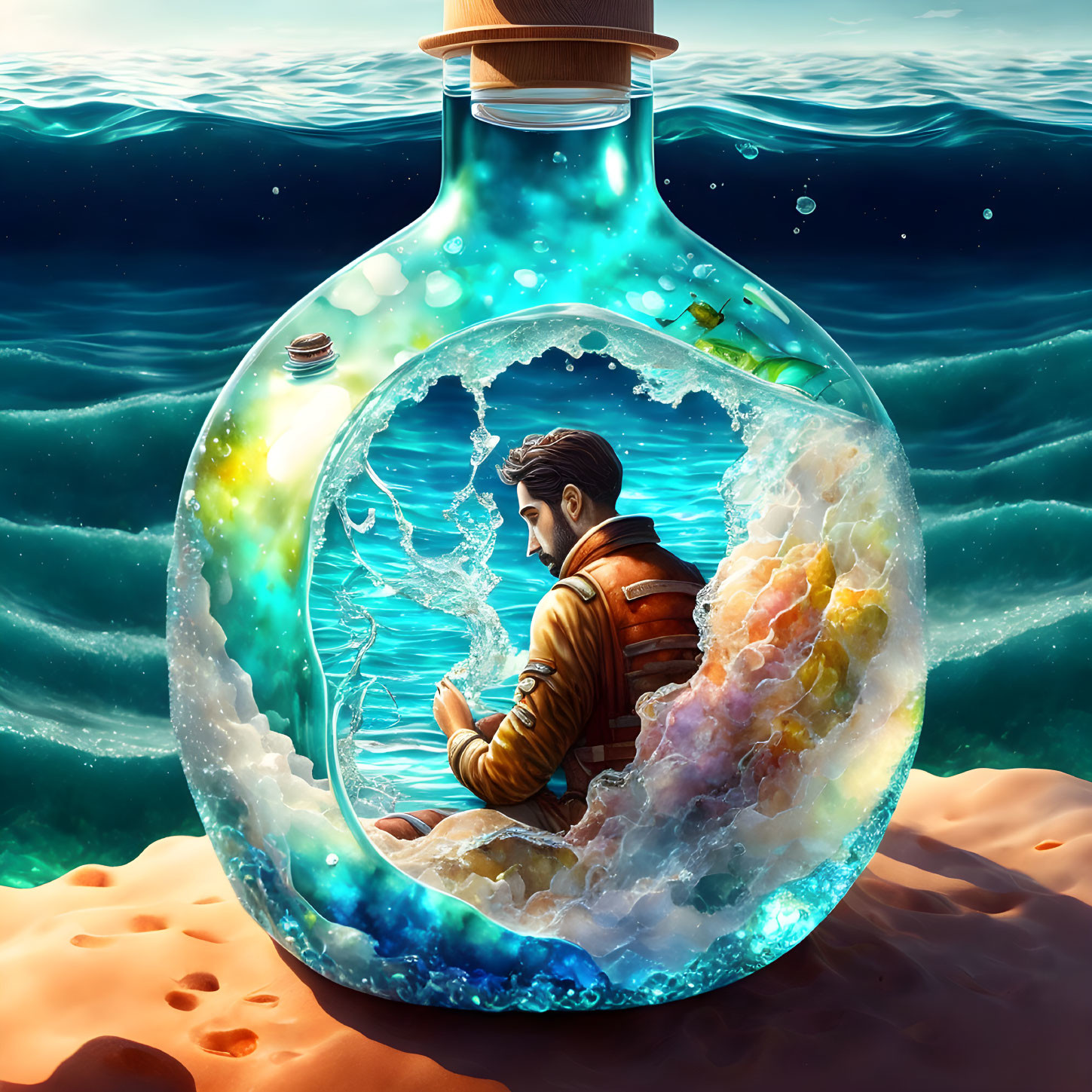 Man sitting in bottle on sandy shore with colorful wave and open sea background