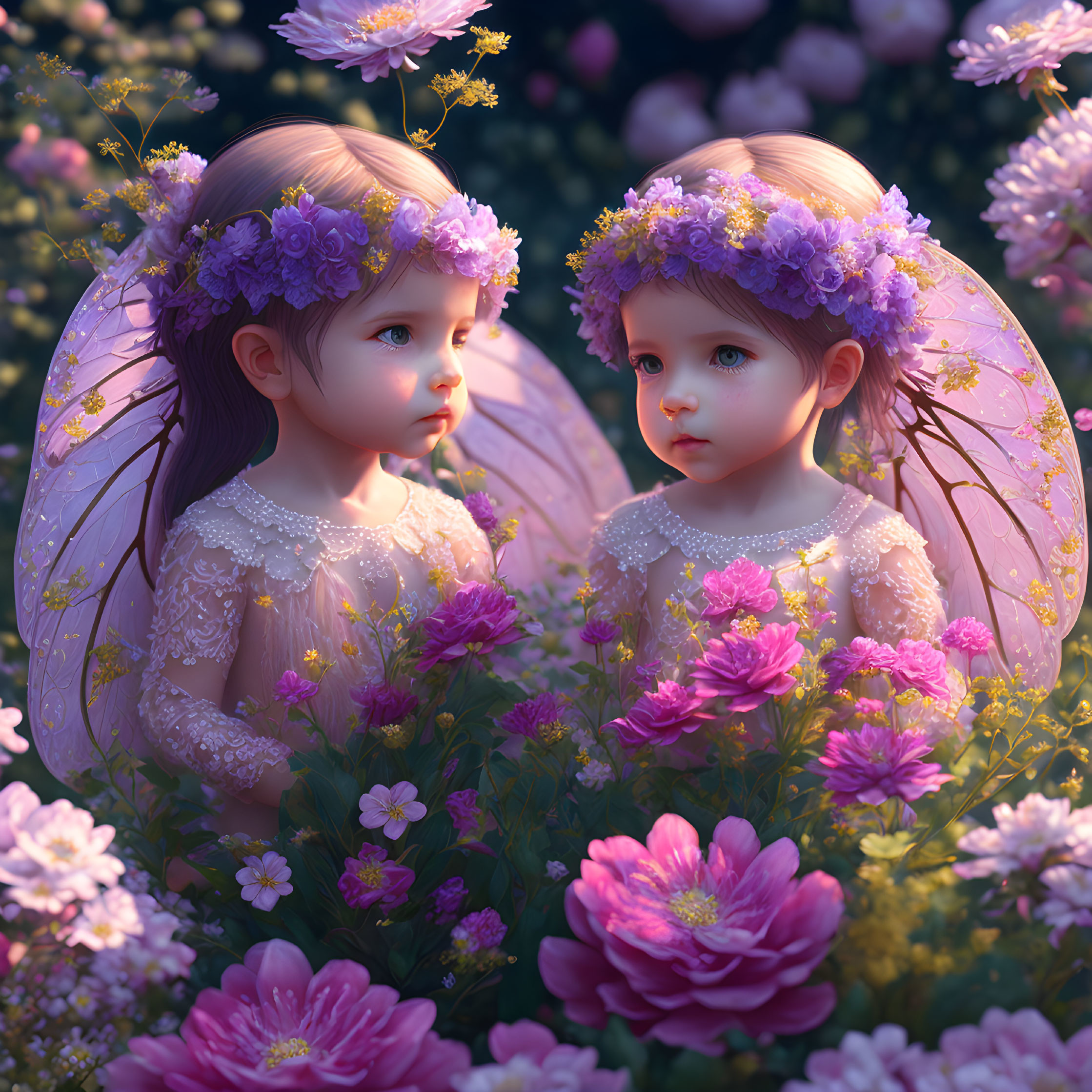 Identical fairy girls with translucent wings in twilight among pink flowers