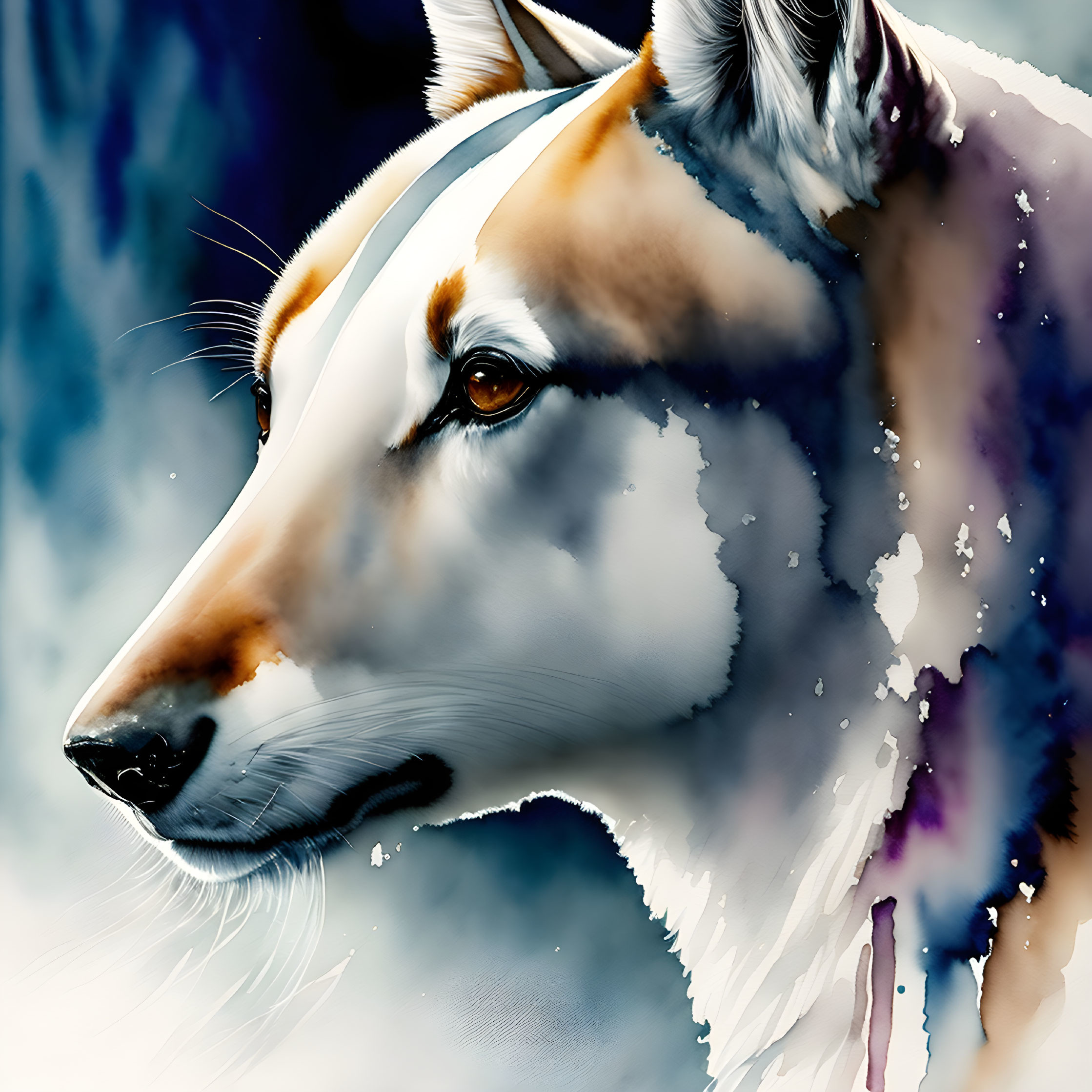 Profile view digital painting: stylized dog with blue and purple watercolor blends