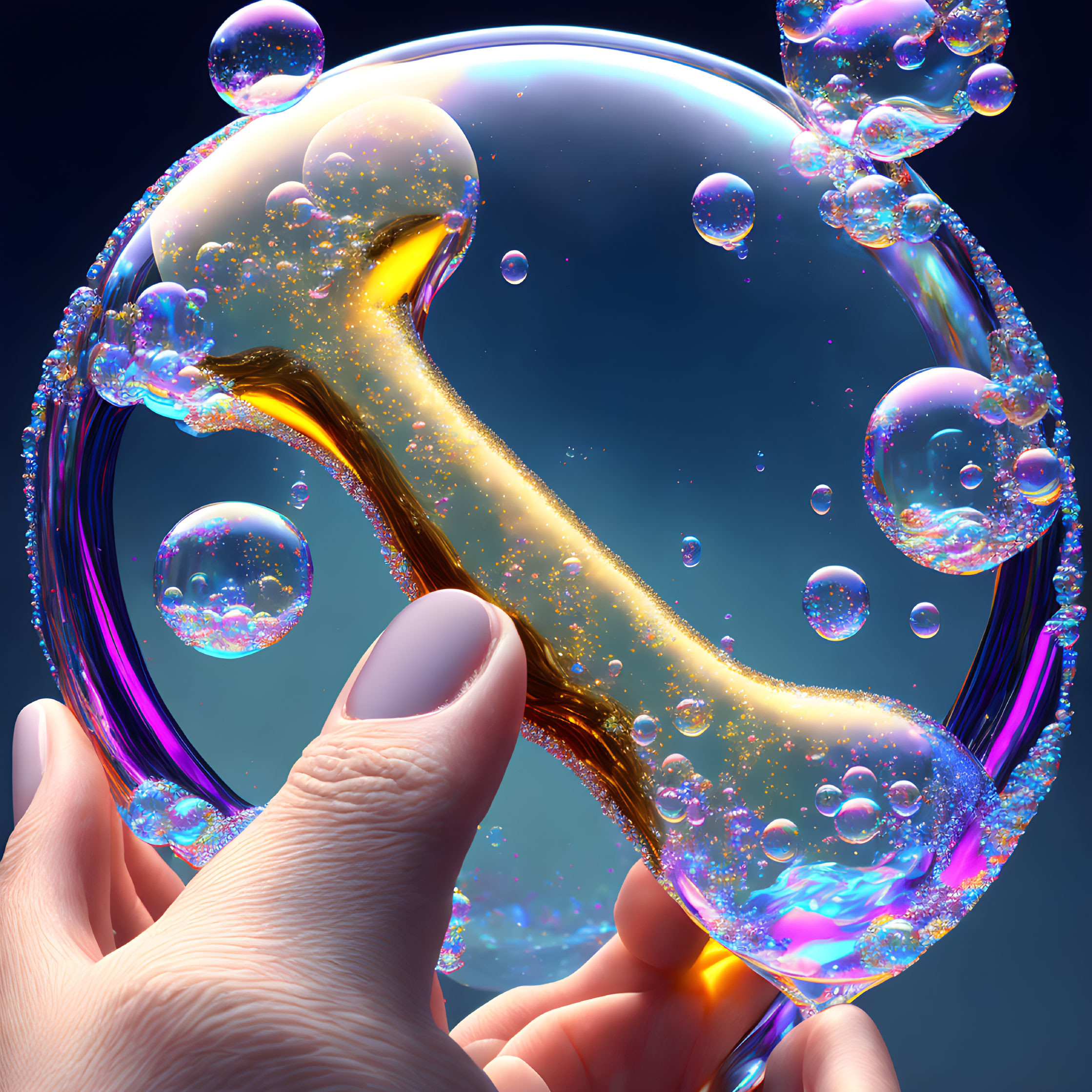 Iridescent Bubble Held by Hand on Blue Background