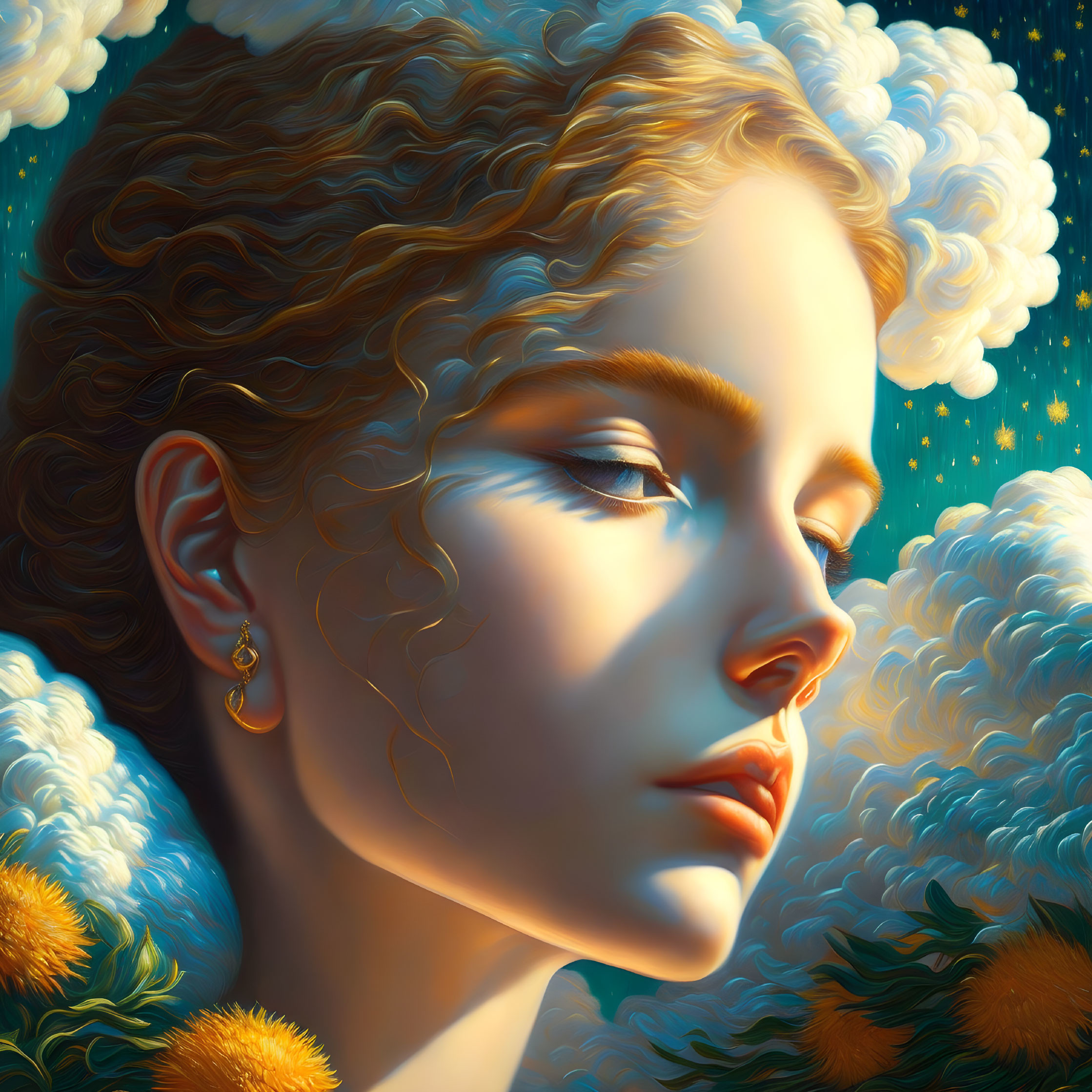 Serene woman portrait in golden hues with curly hair, clouds, and dandelions