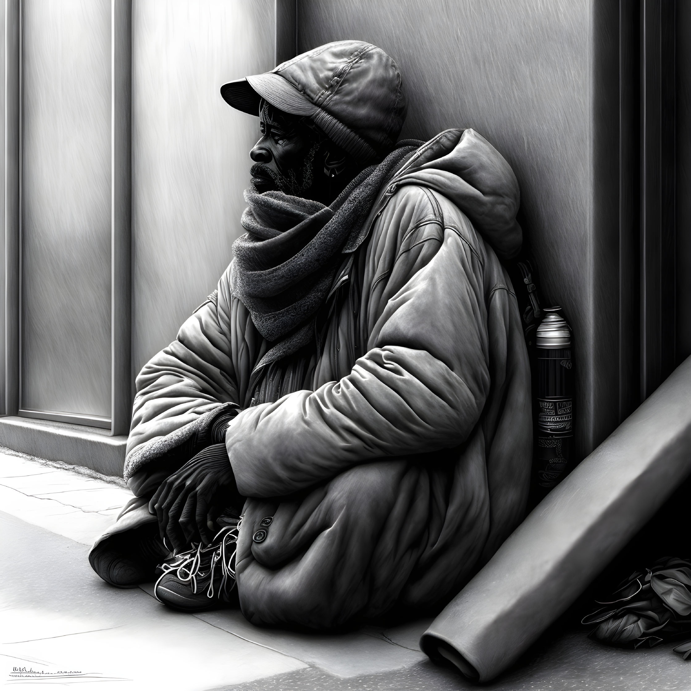 Monochrome illustration of weary person in coat and hat by wall with thermos