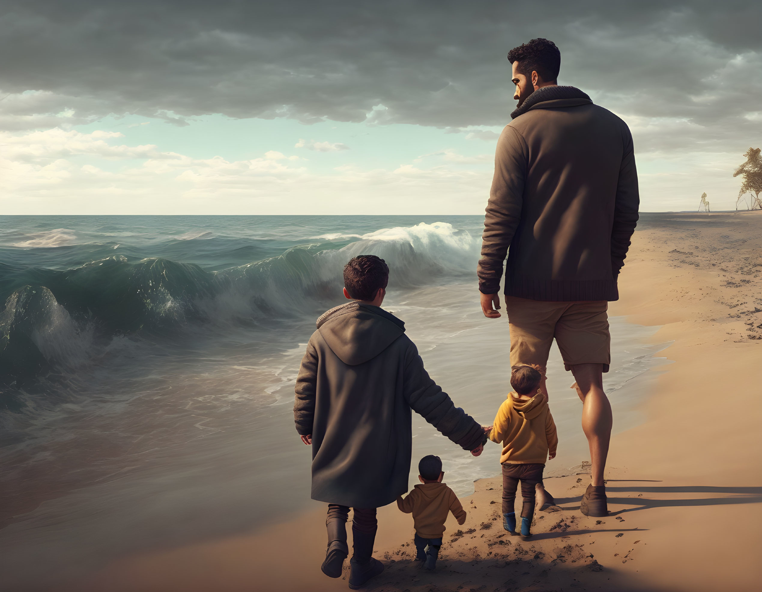 Man with two children walking on beach towards large waves under dramatic sky