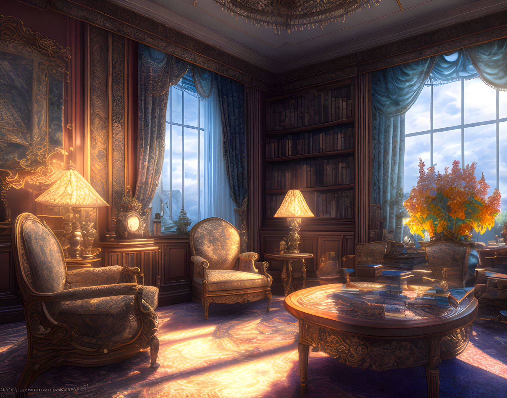 Vintage Library Room with Plush Chairs and Mountain View