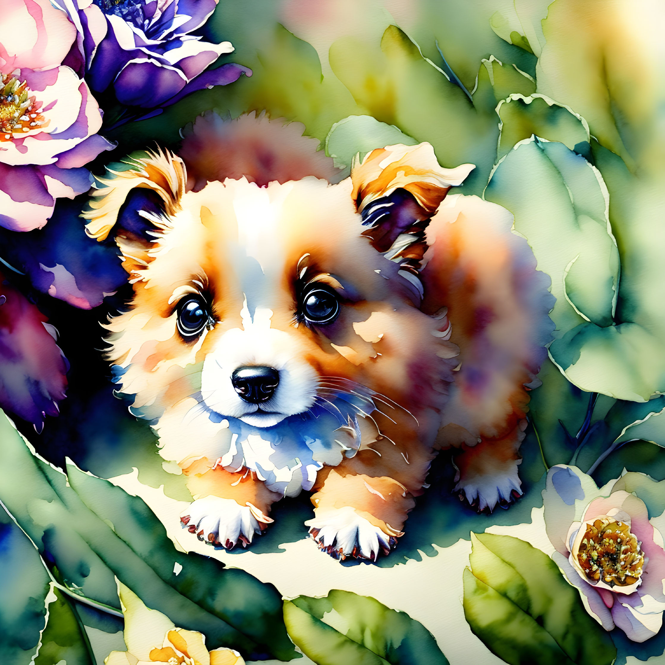 Colorful Watercolor Painting of Fluffy Puppy with Flowers