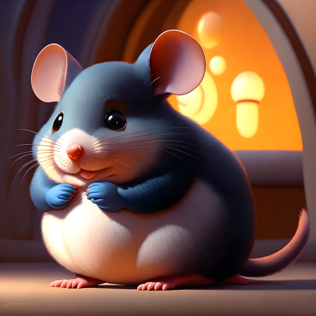 Blue and white chubby cartoon mouse with big round ears in cozy indoor setting