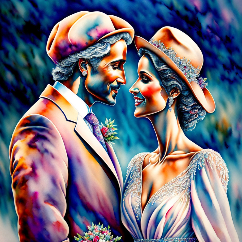 Colorful Illustration: Smiling Couple in Formal Attire with Hats, Floral Background