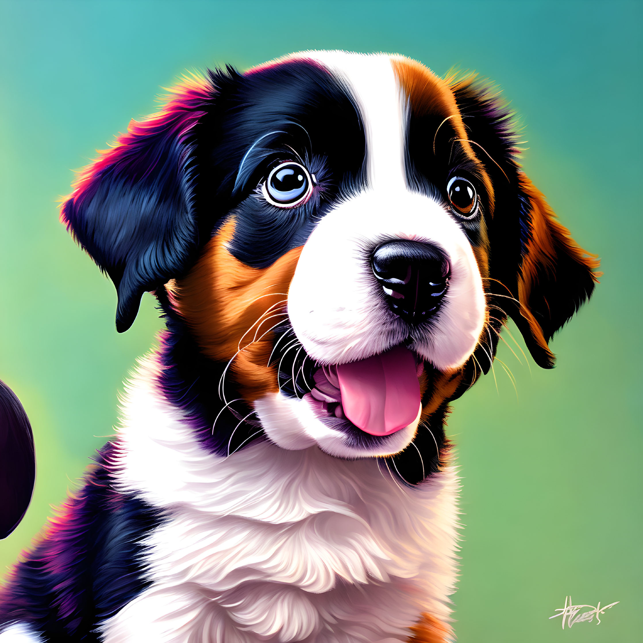 Vibrant Bernese Mountain Dog Puppy Art on Turquoise Background