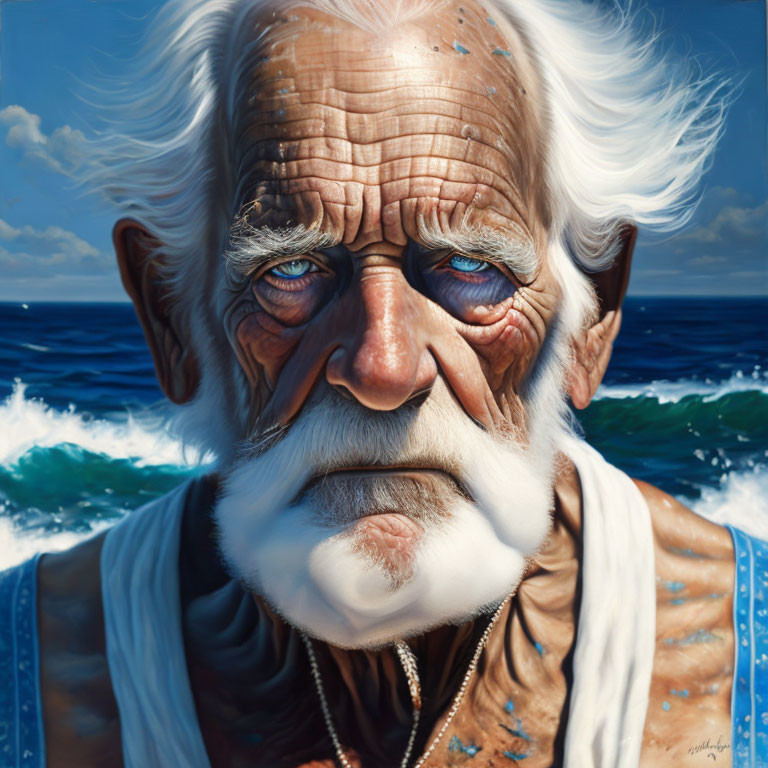 Detailed Hyper-Realistic Portrait of Elderly Man by Ocean