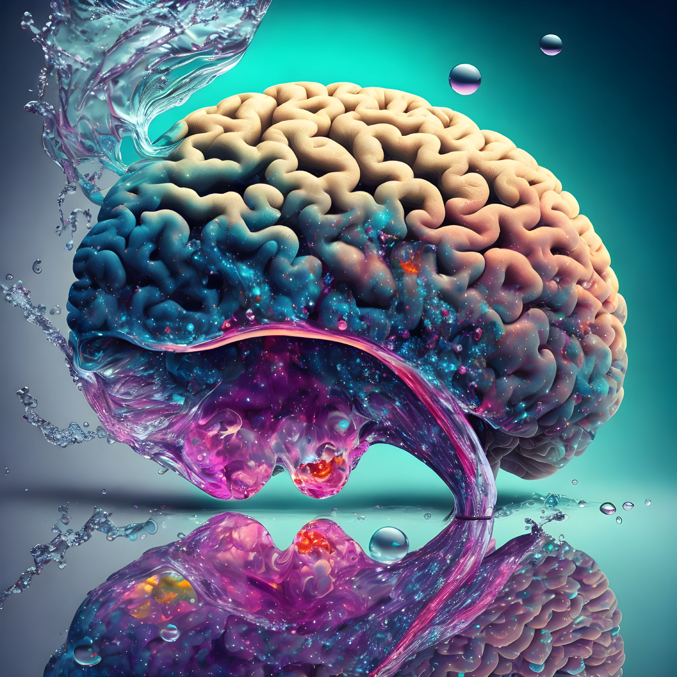 Conceptual human brain image with blue and pink liquid splash symbolism.