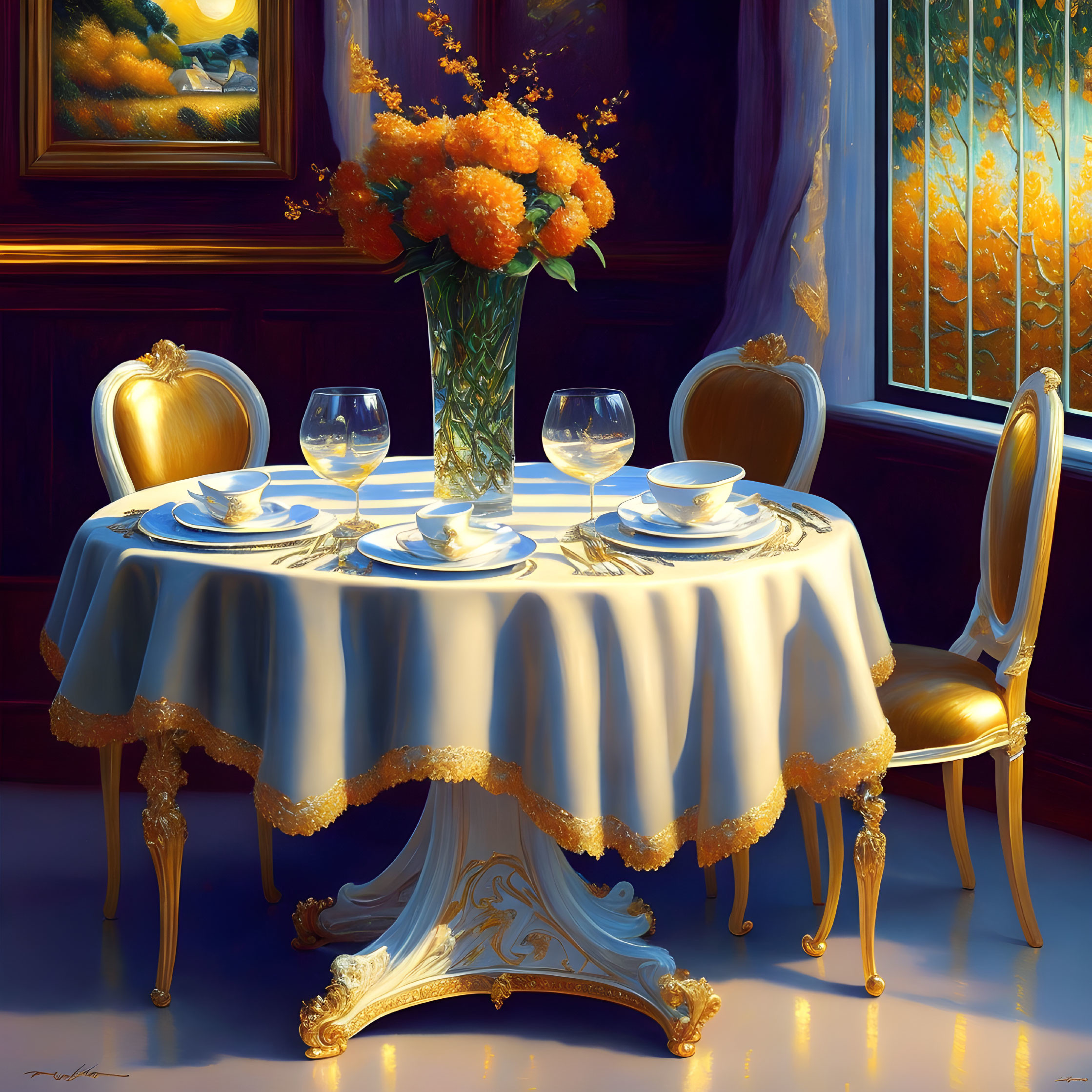 Luxurious Dining Scene with Golden Chairs and Orange Flowers