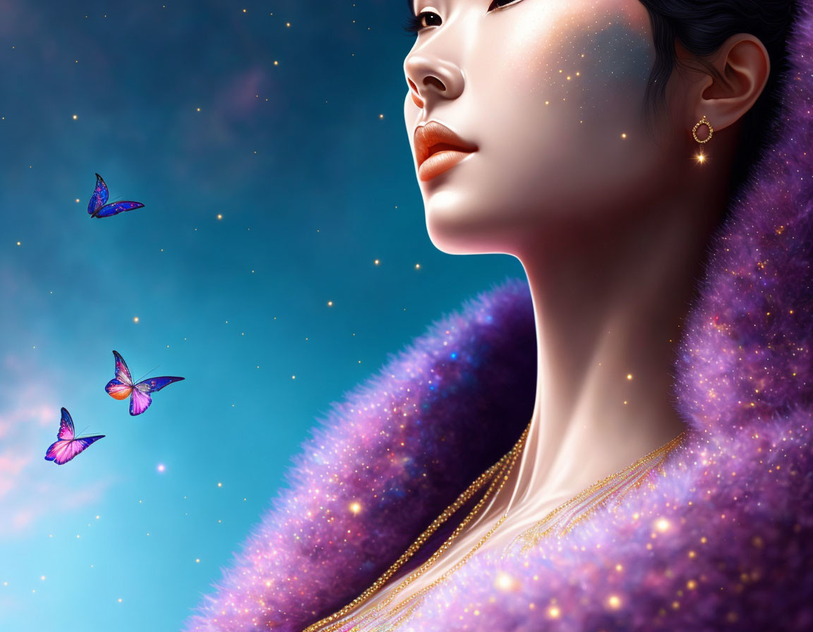 Portrait of Woman with Glowing Skin in Starry Purple Background