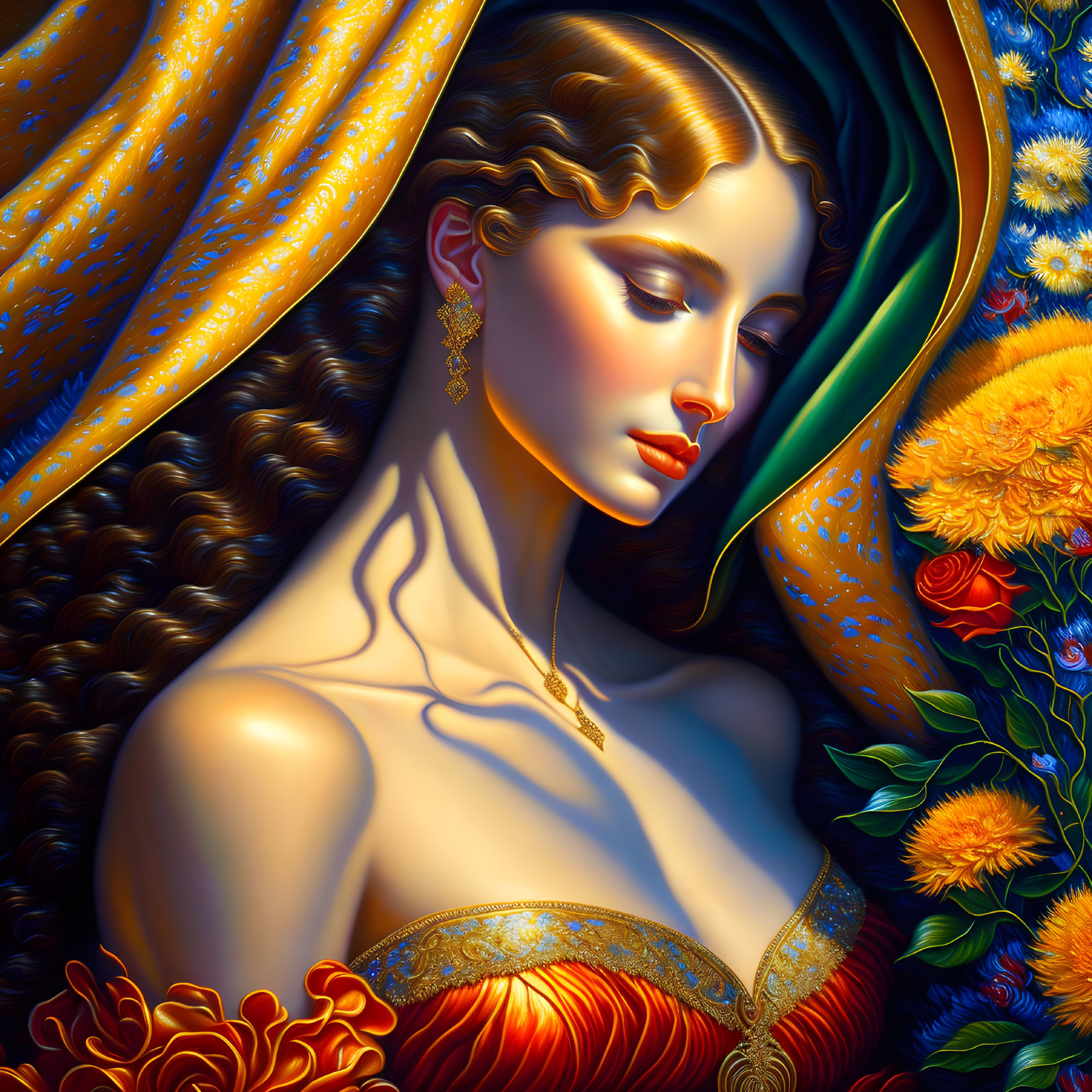 Detailed illustration of woman in red and gold dress with flowing hair amidst vibrant flowers and blue fabric