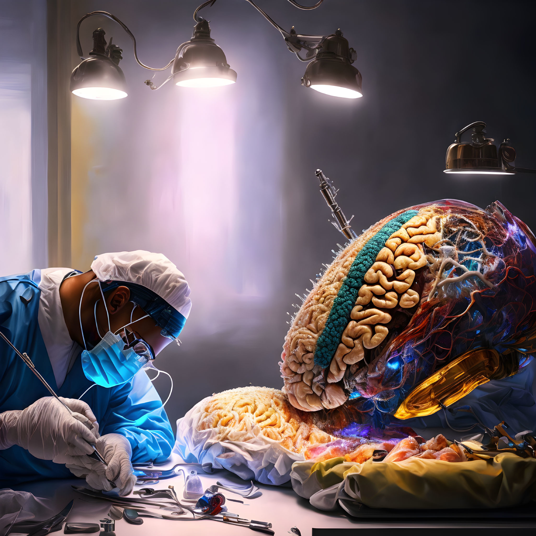 Detailed surgical scene with oversized exposed brain under lights